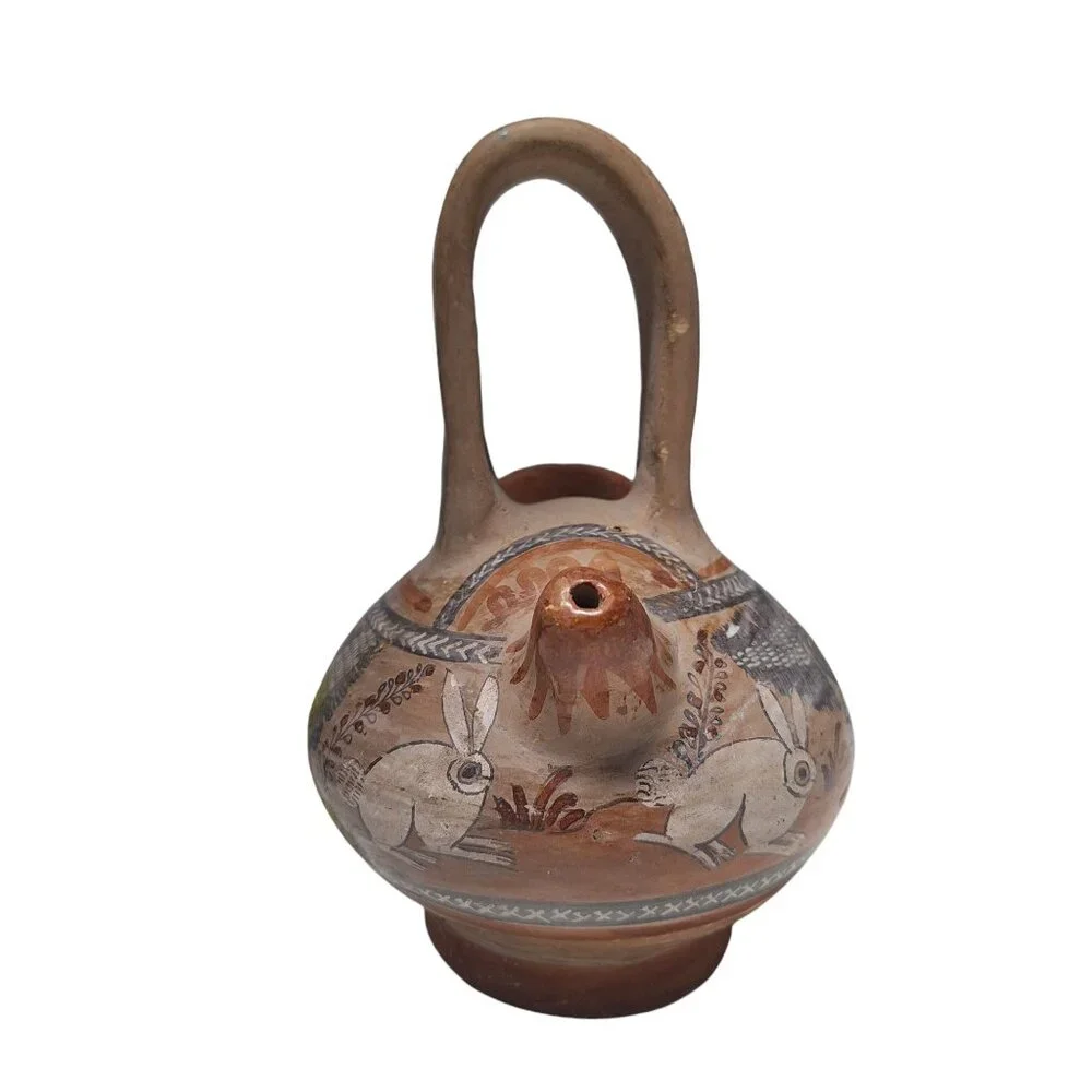 Tonala Pottery Double Spout Water Jug Rabbit Floral Agave Design Mexico Folk Art